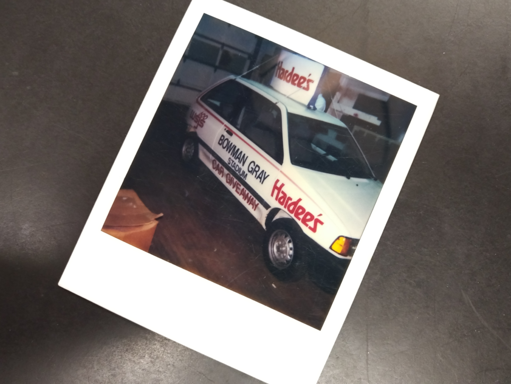 The 1985 Ford Fiesta we added spot graphics to for Bowman Gray Stadium in 1985. 