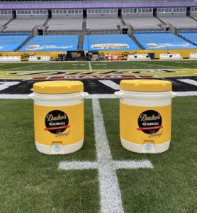 The coolers we designed and produced for the Duke's Mayo Bowl sitting on the field at Bank of America Stadium. 